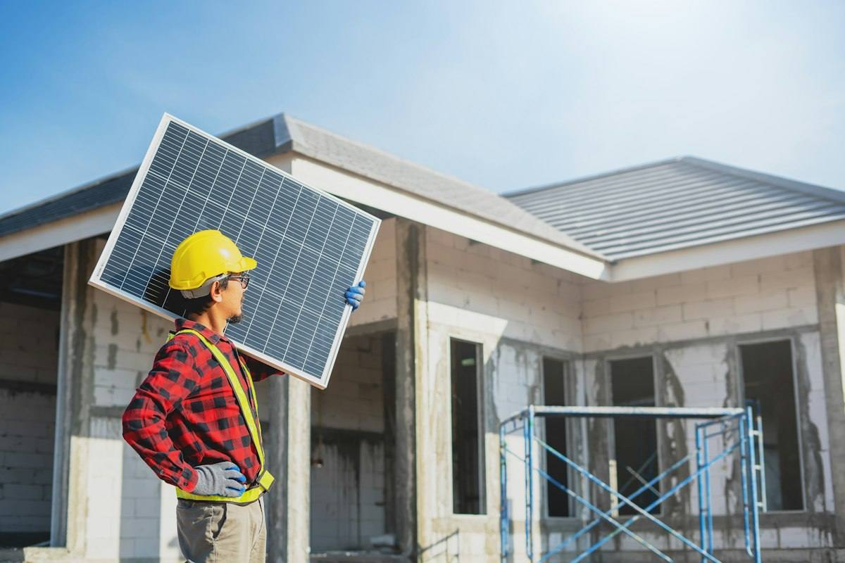 Installer carrying a solar panel on a rooftop